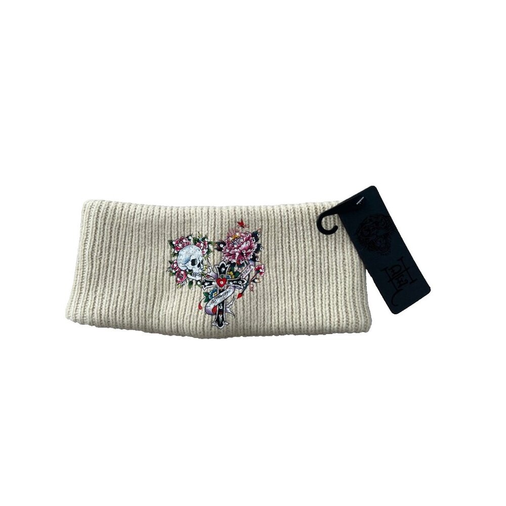 Ed Hardy Knit Rib Head Hair Bandana Crystalized Skull Rose Off White